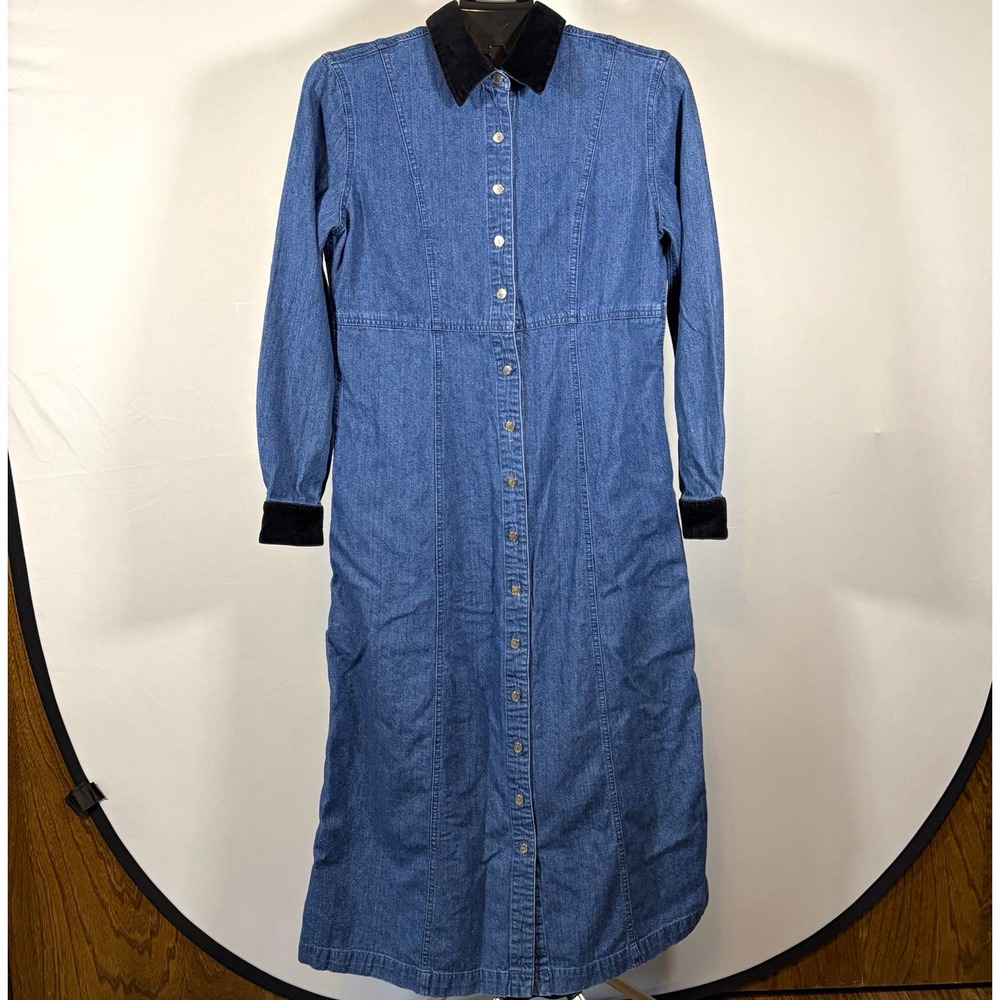 VTG Talbots Sz 8 Denim Long Sleeve Button Front Dress Country Cottage 90s Cotton